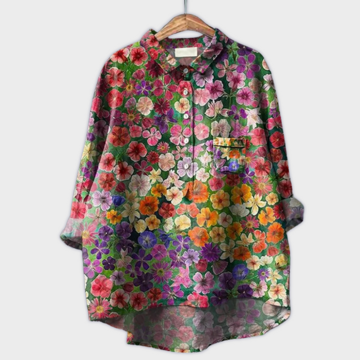 חולצת נשים פרחונית בעבודת יד עם גזרה רפויה