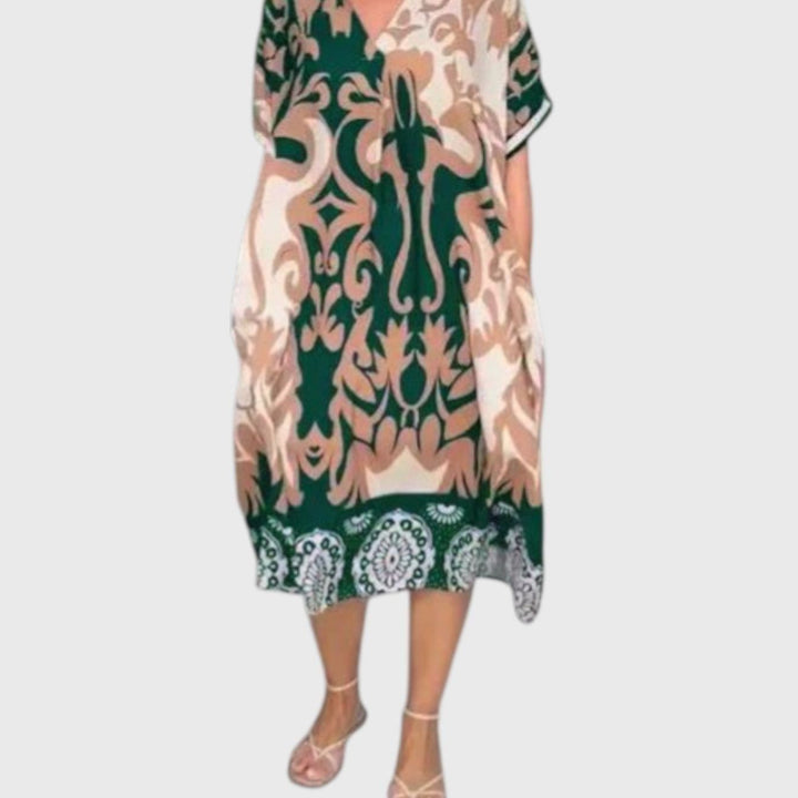 שמלת מידי עם צווארון וי והדפסה רחבה של טליה